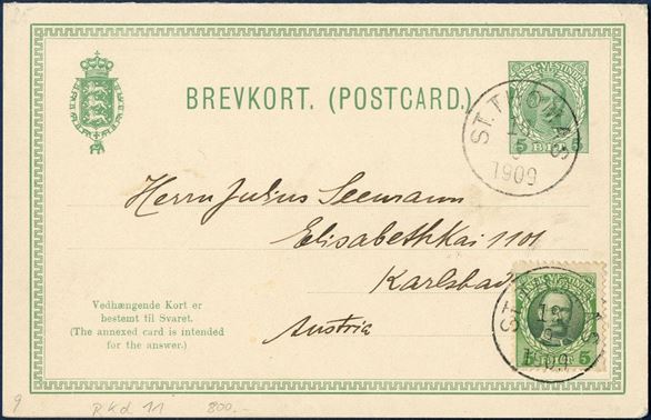 5 BIT King Frederik VIII postcard additional franked with a 5 BIT Fr. VIII stamp from St. Thomas 18. September 1909 to Karlsbad in Austria. 
