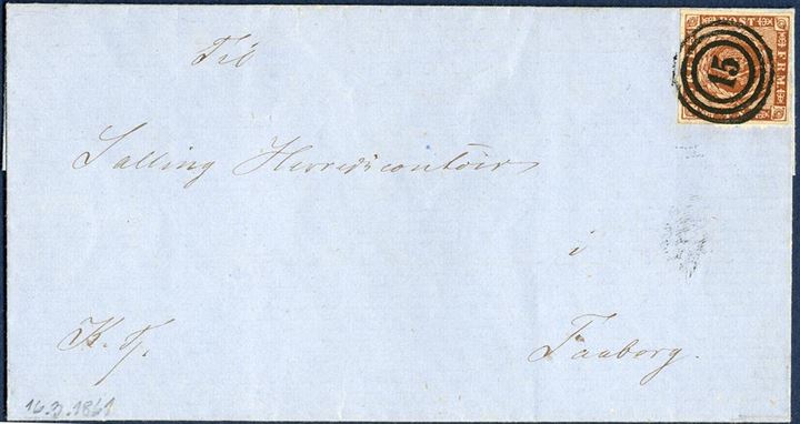 Royal Service district letter sent from Vester Aaby (collecting office) to Faaborg 16. March 1861 and franked with 4 sk. 1858-issue tied by numeral 15 “Faaborg”. Local and district letters rarely received a cds. Unusual letter.