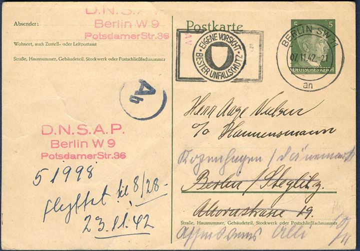 Local post card in Berlin 7. November 1942 from the DNSAP office to a member of the society asking for a settlement of the member fee. 