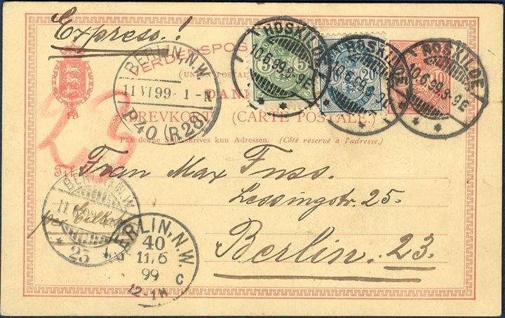 10 øre postcard franked with 5 and 20 øre Arms type on EXPRESS service from Roskilde to Berlin 10 June 1899 8-9 Evening, and arrived Berlin next day 1 am. Vertical fold in card.