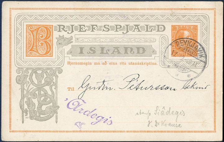 ”ARDEGIS ”posted to late for morning delivery” mark in violet on front of local 3 aur King Christian IX stationery, Reykjavik December 17, 1903. Fine and clean Ardegis strike.