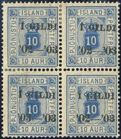 10 aur I GILDI Official perf 14 mint hinged block of four with the rare overprint error ’03-’03 instead of ’02-’03. 