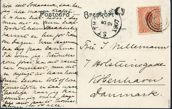 Postcard originated Christiansted via St. Thomas to Copenhagen 5. September 1907. At St. Thomas cancelled with “C” Christiansted and St. Thomas mute 4-ring tying the stamp alongside St. Thomas CDS. 
