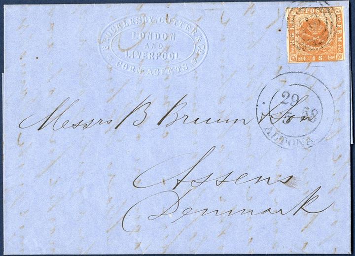 Forwarded letter sent from London through the Danish post office in Altona 29. May 1858 to Assens, Denmark. Franked with a 4 sk. 1858 dotted spandrels V. printing, plate V, retouch lower right spandrels, pos. 57 or 86.