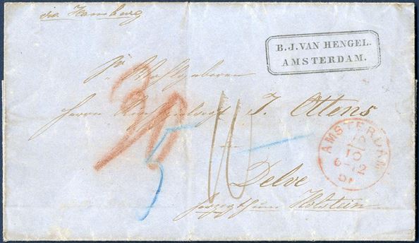 Unpaid letter sent from Amsterdam to Delve in Holstein October 1861, with 30 sk. due by receiver. 30 sk. rate from Denmark to Holland used 15.7.1854 to 30.6.1864.