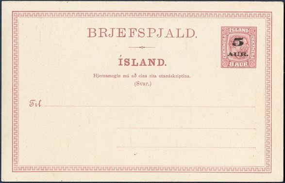 Mint postal stationery reply card with overprint 5 aur on 8 aur Double Kings issue.