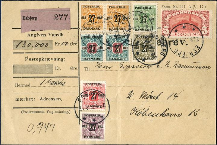 Value parcel sent from Esbjerg to Copenhagen 29 August 1918 and franked with 5 kr. Central Post Office 1915-issue and eight 27 øre provisional issue. Charge: parcel up to 1 kg 25 øre plus value fee, first 1000 kr. 15 øre and 129x 5 øre for the next 129.000 kr., total charge 685 øre, overfranked by 31 øre. Vertical fold through two stamps.