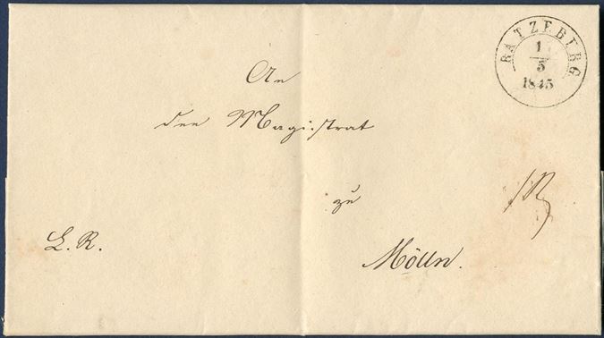 Unpaid letter sent from Ratzeburg to Mölln in Lauenburg 1 May 1845 and postmarked by “Ratzeburg” Antiqua type IIb, very early use of this postmark.