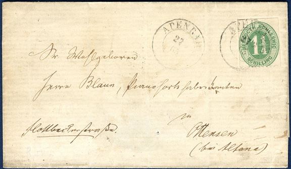 Letter from Apenrade to Ottensen near Altona, January 27, 1865 franked with the 1 1/4 sch. green tied by the prussian two ring Apenrade. The stamp is perforated vertical through the stamp for which reason the stamp has been cut out of the sheet and appear vertical imperforate.