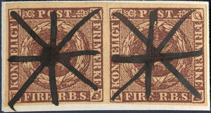 4 Rigsbankskilling Thiele II. printing blackish brown, plate II, pos. 47-48. Pair with pen cancellation, magnificent appearance.