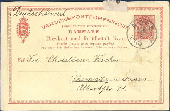 10 øre reply-card sent from Nordby Fanø to Chemnitz and returned with Chemnitz CDS 6 August 1895 and Nordy arrival mark on reply card. Rare set.