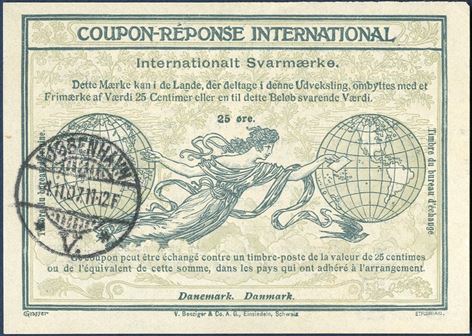 Coupon-Réponse International 25 øre cancelled 4 November 1907 with “Kjøbenhavn V.” swiss-type cancel. Scarce item.