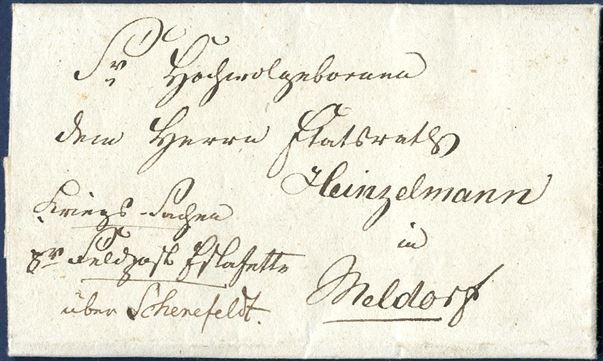 Napoleonic War. Urgent military letter sent from Louiseburg near Eckernförde in Schleswig to Meldorf in Holstein, endorsed “Kriegs-Sache, pr. Feldpost Estafette, über Schenefeldt”, datiert 12. December 1813.