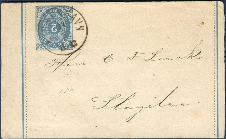 2 sk. stationery wrapper used from Copenhagen to Slagelse May 24, 1872-74. Rare.