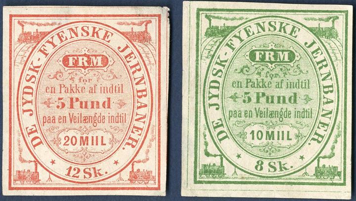 Railway freight stamps from “De Jydsk-Fyenske Jernbaner”, 8 sk. for 5   length 10 Mill and 12 sk. for 5   length 20 Mill. A rare set, small faults.