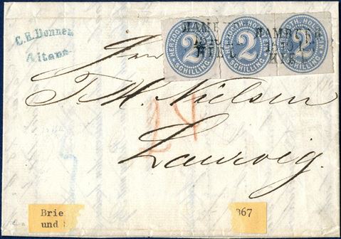 Letter sent from Altona to Laurvig in Norway 15 October 1867, franked with a 3-strip 2 Sch. blue Herzogth-Holstein cancelled with Hamburg-Kiel railway mark with ship to Norway by ship from Kiel, crayon 24 on front. Minor faults to stamps, but indeed a scarce letter to Norway from Holstein.