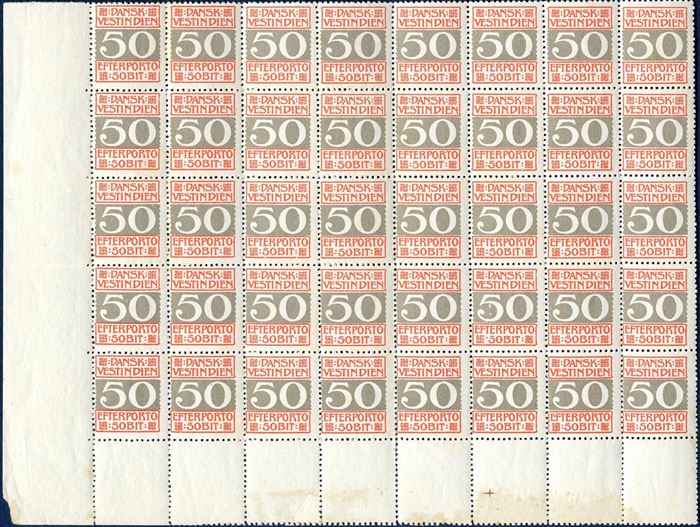 50 BIT EFTERPORTO stamp large multiple of 40, mint never hinged, perforation 14 x 14 1/2, AFA 8B (catalogvalue dkk 18.000), some split perfs., rare multiple.