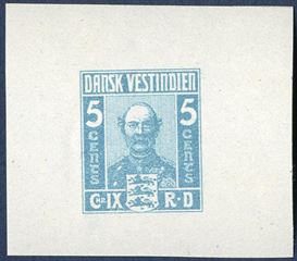 King Christian IX, imperforate colour essay, light blue colour with wide margins, with gum. Considered to be the work of Alfred Jacobsen.