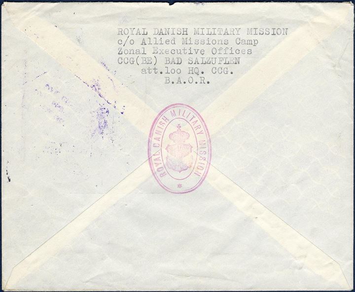 Letter sent from the “ROYAL DANISH MILITARY MISSION” c/o B.A.O.R. in Bad Salzuflen to Hamburg 21 January 1947 with a two-ring seal “HQ CONTROL COMMISSION FOR GERMANY – Message and Mail Centre”. Quite unusual letter sent from the Danish military representation in Germany.