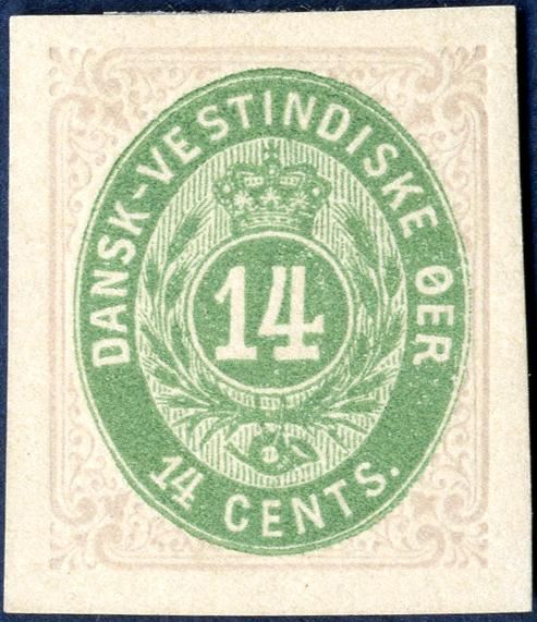 14 cents bicolored normal frame. Imperforate proof without watermark and gum. Rare.