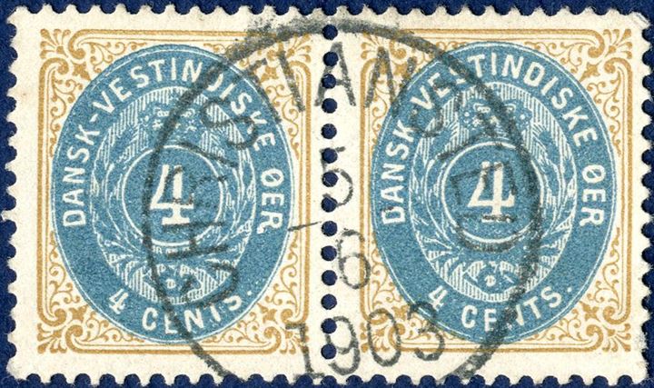 4 cents bicolored III printing 1901 in pair beautifully cancelled with “CHRISTIANSTED 5.6.1903” date stamp. One short perf.