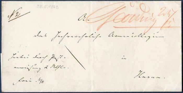 Postal Money Order with 2 Rdl. sent from Garding to Husum 25 May 1862 with town manuscript “Garding 25/5” in red crayon, paid with 6 sk. in cash and 4 sk. paid for the form and filling, list no. 2. Town manuscript “Garding” is not recorded in the ARGE handbooks, this copy might be only recorded. Garding is located to the west of Tönning.