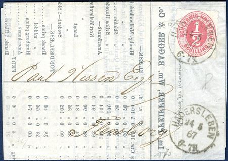 Market-report sent from Haderslev to Flensburg 24 May 1867 bearing a 1/2 Sch. “Schleswig-Holstein” tied by 1-ring “HADERSLEBEN 24 5 67  6-7N”. Correct postage.