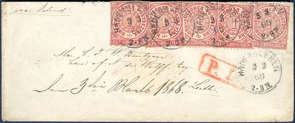 Letter sent from Hadersleben via Ostende to Leith 3 March 1868 bearing 5 1 Gr. NDP tied by PER I-o “HADERSLEBEN 3 3 68 2-3N.” DAKA 58.12. Unusual letter.
