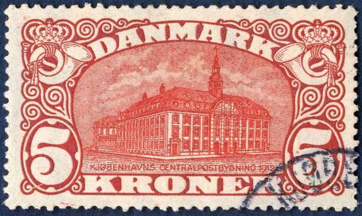 5 Kr. Central Post Office 1915 with watermark cross. Very light and small corner cancellation.