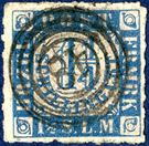 1 1/4 Schilling blue/rose rouletted issued. Cancelled with the very different looking four-ring cancel WESSELBUREN.