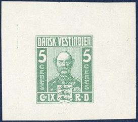 King Christian IX, imperforate colour essay, green colour with wide margins, with gum. Considered to be the work of Alfred Jacobsen.