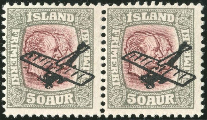 50 aur air mail Two Kings issue with airmail surcharge, left stamp with King Chr. IX hair RETOUCHED, extremely rare variety, hinged.