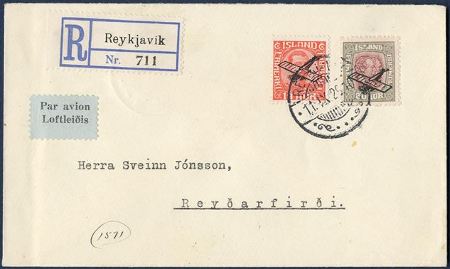 50 aur air mail Two Kings issue with airmail surcharge, on registered air mail letter, with variety “Tail of plane broken” and colour dot in L in ISLAND.