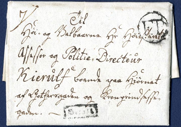Footpost letter sent within Copenhagen on 9 August 1820. A new type IV footpost cancellation was put into use in 1820 which had two large capital letters F.P. within a circular ring. This cancellation stamp relieved both types II and III as the procedure of stamping unpaid letters with a red cancellation was stopped. Because of this, letters in 1820 often had a manuscript frit or betalt - meaning paid. The footpost office also had a framed BETALT in Gothic letters. Only recorded BETALT footpost cancellation