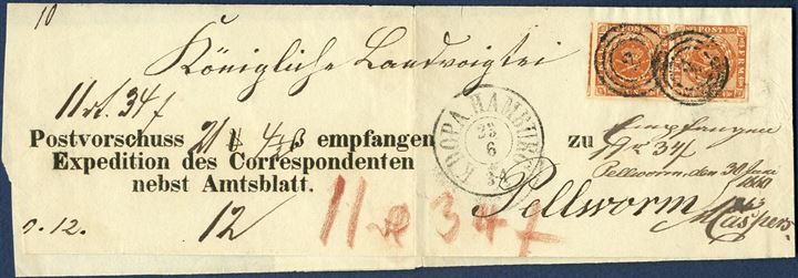 COD sent from Hamburg to the Isle of Pellworm 23 June 1860 on WRAPPER BAND bearing a pair of 4 sk. I printing wavy-line issue tied by Hamburg numeral “2” alongside two-ring CDS “KDOPA HAMBURG”. COD for “11 Rthl 34 S”, fee “12” sk. noted and paid in cash, red crayon “11 R 34S” collected from the addressee. A rare postal document and exceptionally with a pair.