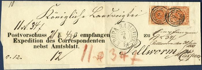 COD sent from Hamburg to the Isle of Pellworm 23 June 1860 on WRAPPER BAND bearing a pair of 4 sk. I printing wavy-line issue tied by Hamburg numeral “2” alongside two-ring CDS “KDOPA HAMBURG”. COD for “11 Rthl 34 S”, fee “12” sk. noted and paid in cash, red crayon “11 R 34S” collected from the addressee. A rare postal document and exceptionally with a pair.
