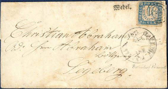 Letter sent from Wedel through Bahnhof Pinneberg to Segedorf in Holsten stamped with “Wedel” 1-line mark, bearing a rouletted 1_ Sch. Crt. blue “HRZGL POST FRMRK” Mi. 7, cancelled with separated duplex “170” alongside CDS “BAHNHOF PINNEBERG 8.12” (1864). Aged.