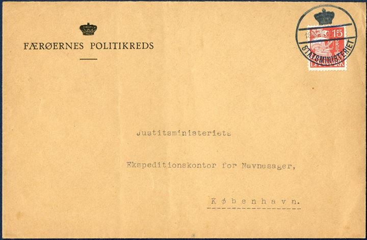 Official letter “Færøernes Politikreds” to the Minystry of Justice in Copenhagen, with oval stamp “FÆRÖ AMT” on reverse, bearing a 15 øre Caravel issue tied by “STATSMINISTERIET 18.MAR.1940” when arriving in Copenhagen. Probabliy sent in courier mail bag aboard “Islands Falk” leaving Thorshavn 12 March and arriving Copenhagen 18 March. Only a few letters are known sent from Faroe Islands with “STATSMINISTERIET” postmark. The reason for not cancelling the letters before arrival in Copenhagen was in order that the stamps could be used for forwarding the letters to the addressee.