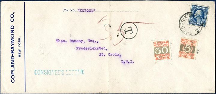 Consignee letter sent from New York aboard “KORONA” to St. Croix, stamped on arrival at “FREDERIKSTED 2/9 1911”, underfranked apparently. Thus charged “35” BIT with 5 and 30 BIT EFTERPORTO adhesives, frequently these postage due stamps were never cancelled.