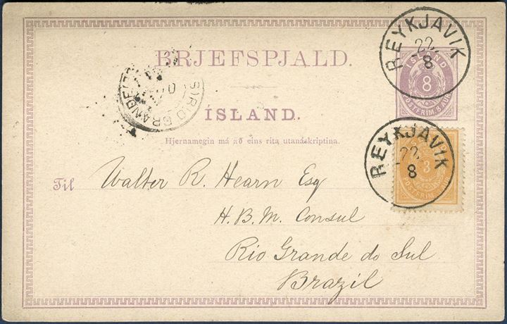 Postal stationery Reykjavik 22 August 1894 to Rio Grande do Sul, Brasil. 8 aur stationery card uprated with 3 aur IV printing pale brown orange (AFA 12) tied by “REYKJAVIK 22/8” CDS. 2 aur stamp did not exist and inevitably overpaid by 1 eyr to pay for the 10 aur UPU rate for postal stationery. Three postal stationery recorded to Brazil, one 10 aur stationery card, one 5 aur stationery + 5 aur, and this splendid card and another card to Surinam. No letters sent to South America has been recorded.