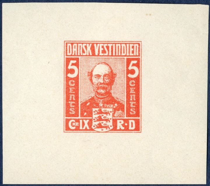 King Christian IX, imperforate colour essay, red colour with wide margins also to the right, with gum. Considered to be the work of Alfred Jacobsen.