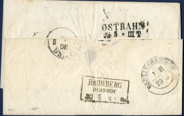 Letter sheet sent from Copenhagen 28 May 1852 to Berlin. Prepaid “26” sk. marked upper right corner, convention transit mark “Aus Daenemarck d. Mecklenburg” in black struck on front and on reverse transit marks “OSTBAHN 29.5 – III T.”, two-ring “BERLIN-HAMBURG 29 5” and boxed “BROMBERG / BAHNHOF / 30 5”.