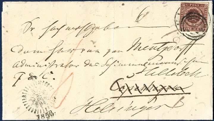 Letter sheet originally sent from Kiel to Copenhagen on 13 September 1853, charged “6” sk. due in red crayon. In Copenhagen re-posted and sent to Helsingør on 14 September and affixed with a prominent plate-flaw of the 4 RBS Thiele I, plate I, pos. 1 (Hakmærket) tied by numeral 1 (Copenhagen) alongside letter-box mark “Compass KB” type. An interesting combination showing the unpaid rate of 6 sk. in cash either due or prepaid and the favored 4 RBS rate when affixed a postage stamp. Circular 3/1852. If a cover had been out of the care of the post office a new postage had to be paid again.