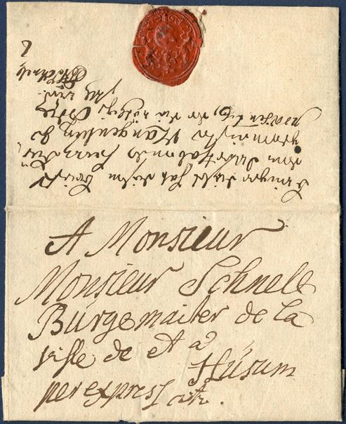 Express letter sent from Flensburg 1 October 1749 to Husum with full contents. 