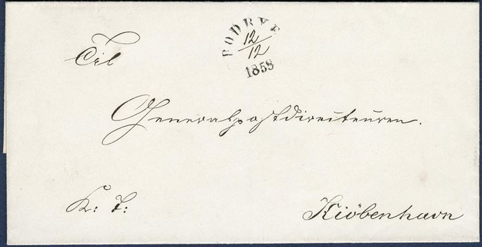 Royal Service letter sent from Rødbye to Copenhagen 12 December 1858 stamped with curved 1-line mark “RØDBYE 1858” and ink date “12/12”. Postmark used a year between 1858 and 1859.