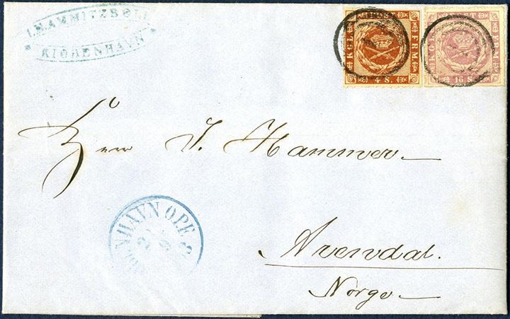 Entire sent from Copenhagen to Christiania on 22 September 1863 bearing a 16 sk. rouletted and 4 sk. 1863-issue, tied by numeral “1” alongside CDS “KIØBENHAVN O.P.E. 22.9.1863” in blue. 20 sk. is paying the letter rate to Norway by steamer, through Sweden it would have been 24 sk. at the time.