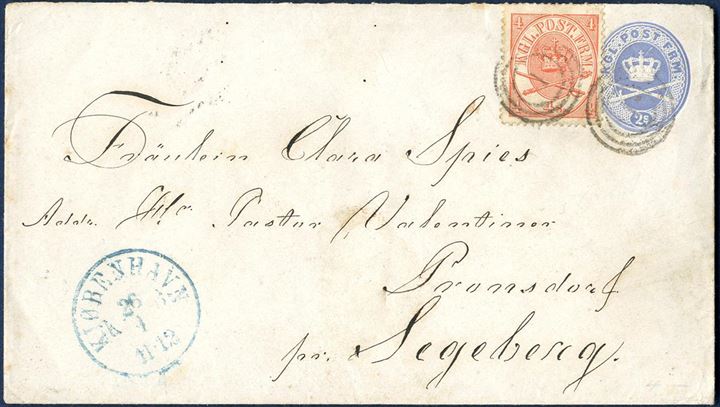 2S stationery envelope sent from Copenhagen to Pronsdorf, Segeberg on 26 April (1866 ?) uprated with 4 sk. Crown-Scepter-Sword 1864-issue tied by numeral “1” Copenhagen alongside blue CDS “KJØBENHAVN KB 26/4 11-12”. Rate to Northern Germany at favored 6 sk. rate for first letter rate 1.8.1865.-.31.12.1874. Only three 2 sk. envelopes uprated with 1864-issue recorded to a foreign destination according to Karsten Jensen.