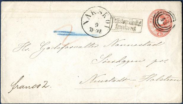 4S stationery envelope sent from Nakskov to Sierhagen, Neustadt-Holsteen on 2 September 1866 cancelled with numeral “43” alongside CDS “NAKSKOV 2/9 7F-3E”. With the rate to Northern Germany at favored 6 sk. rate for first letter rate 1.8.1865.-.31.12.1874, 2 sk. missing. First postmarked “UTILSTRÆKKELIGT FRANKERET” and charged “2” sk. in red crayon, then cancelled as sender paid the 2 sk. in cash and notation “franco 2”. Rare mixed franking with postage paid partly in cash.