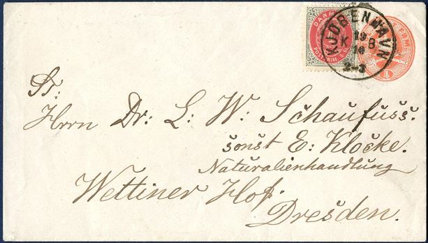 4 (sk.) stationery envelope sent from Copenhagen to Dresden on 19.10 (after 1875) uprated with 4 sk. bicolored issue tied by CDS “KJØBENHAVN KB 19/10 2-3”. Stationery envelope without watermark.