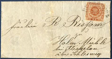 Letter sent from Bergedorf 1860 the Duchy of Schleswig, Holm Mühle near Fleckebau south of the Schlei, bearing a 4 sk. 1858 wavy-line spandrels tied by curved “BERGEDORF” mark. Somewhat aged and stamp short of margin at top, but still an attractive letter.